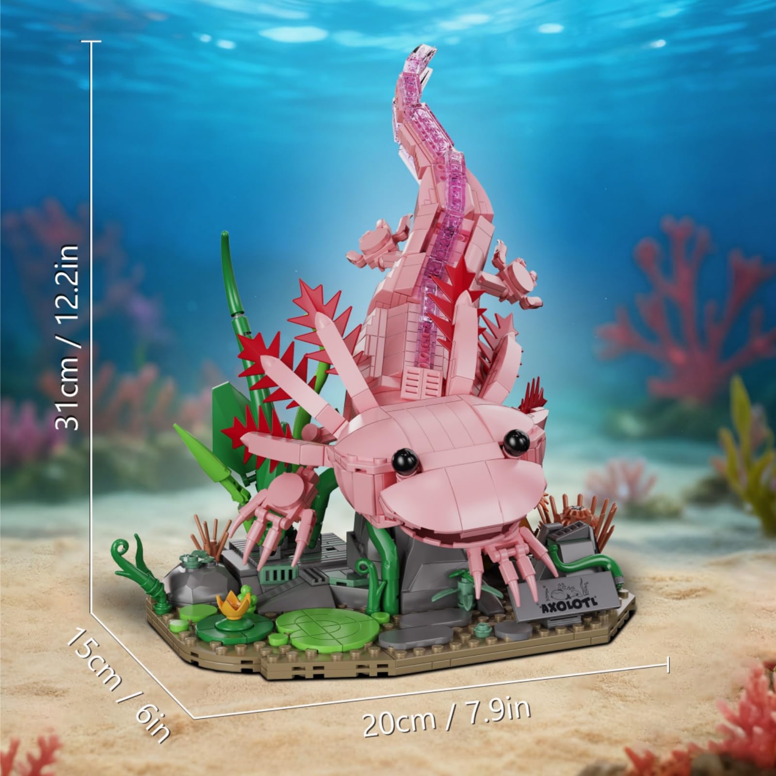Axolotl Bausteine Bausatz für Erwachsene, 998 Teile Axolotl Klemmbausteine mit Wasserpflanzen-Sockel, Tier-Modell, STEM-Lernspielzeug, Dekoration für das Homeoffice, Geschenk für Naturliebhaber 14+