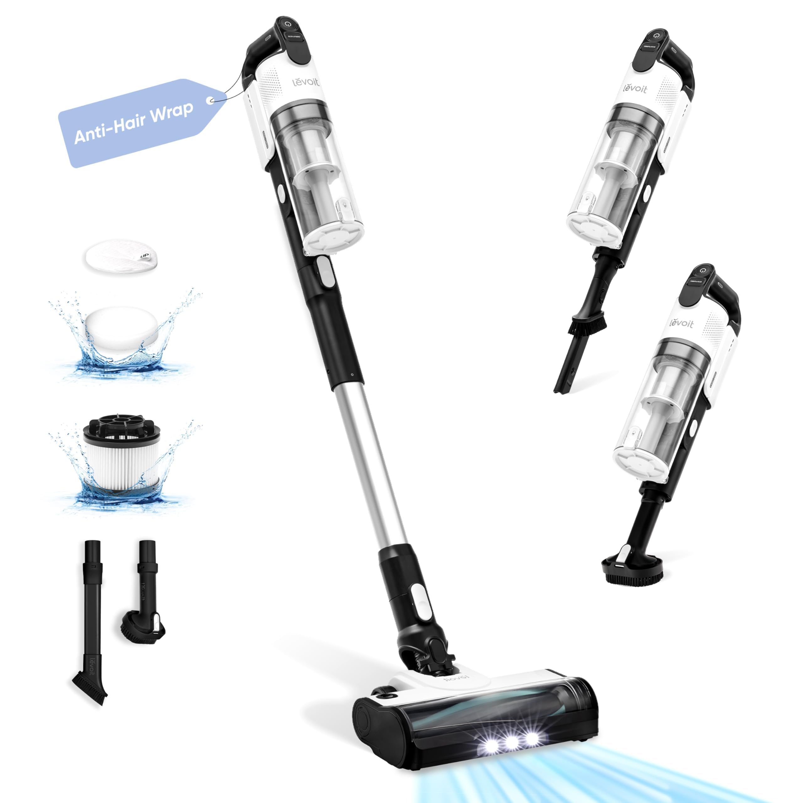 LEVOIT Kabelloser Staubsauger, 4 in 1, leicht, verhedderungsfrei, bis zu 50 Minuten, 5 Schichten Filter zu 99,9%, LED-Licht, für Tierhaare, Staub, harte Böden, Autos, elektrische Besen