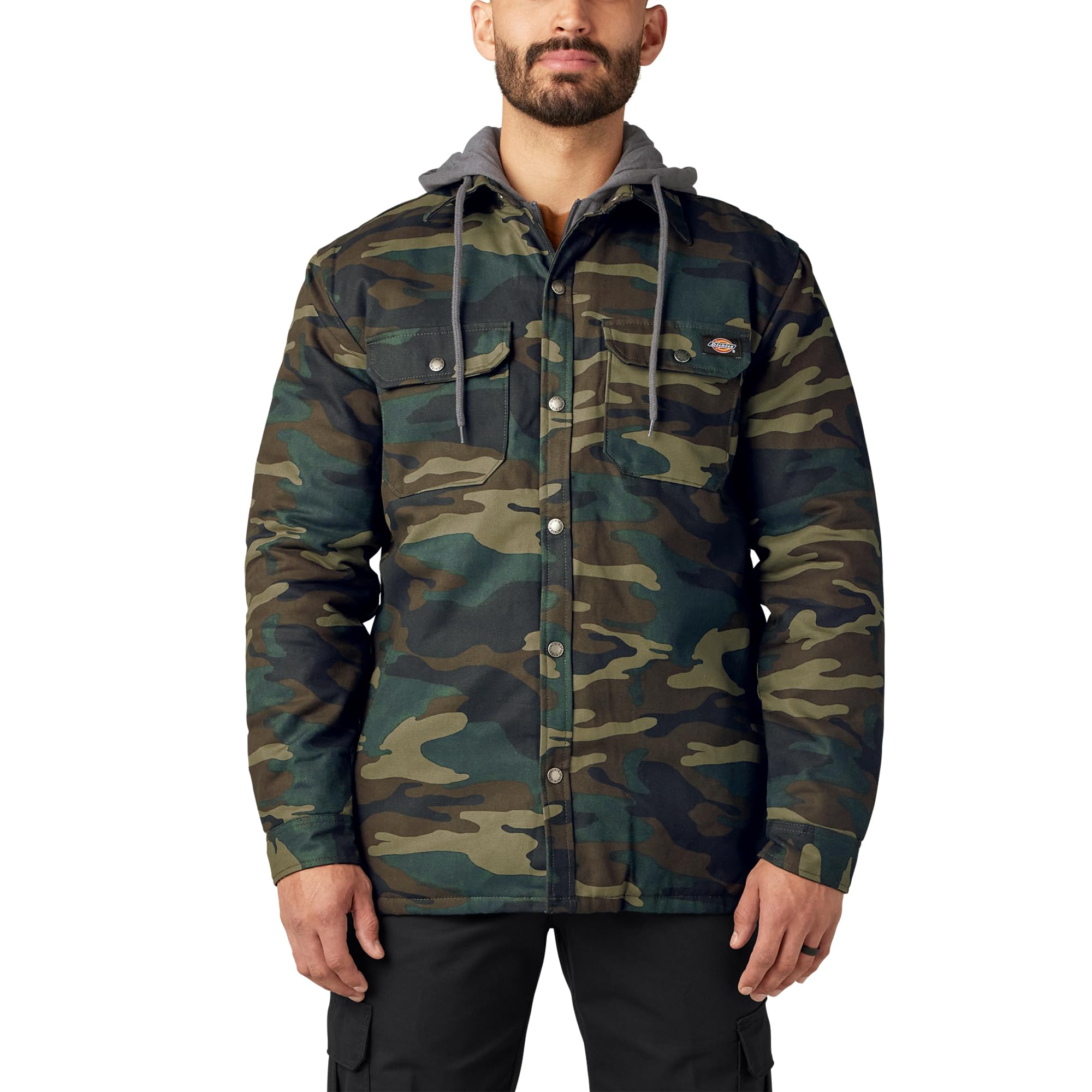 Dickies Men's Fleece Hooded Duck Shirt Jacket with Hydroshield Work Utility Outerwear, Hunter Green Camo, 2X