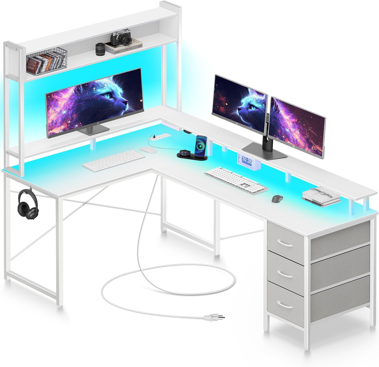 Seventable L Shaped Gaming Desk with Drawers, Reversible Computer Desk with LED Lights & Power Outlet, Home Office Desk with Monitor Stand, Hook, Corner Desk with Storage Shelves, White