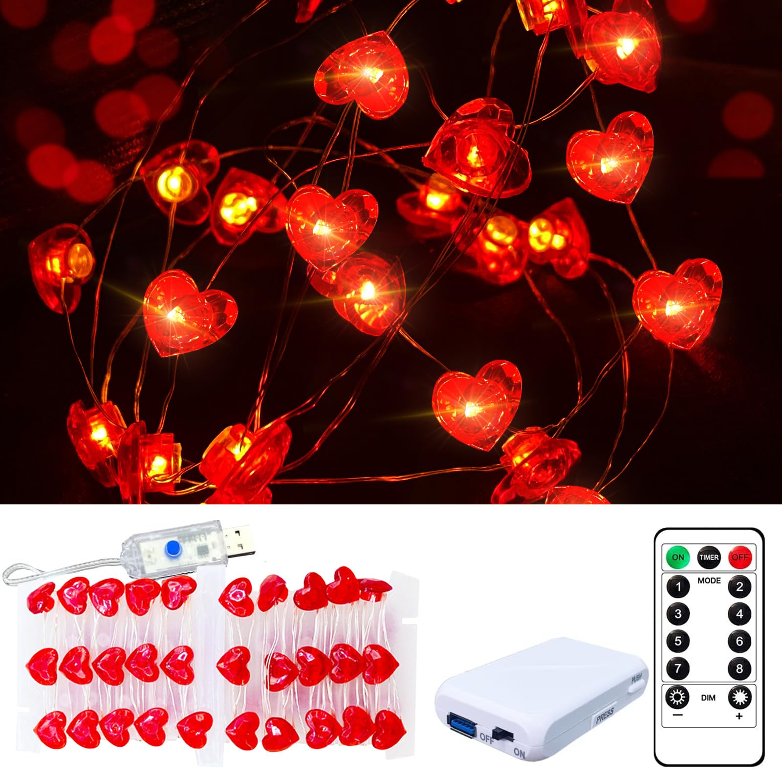 Luce rossa a forma di cuore da 50 LED, 4,6 m, presa USB e luce lampeggiante impermeabile alimentata a batteria, per interni ed esterni, proposta di Natale, anniversario, San Valentino
