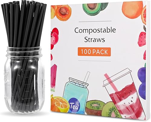 Miniatura 3 de Pajitas negras desechables biodegradables compostables  Pajitas de ácido poliláctico a base de plantas para jugo, café, cóctel, bebidas frías (8.25