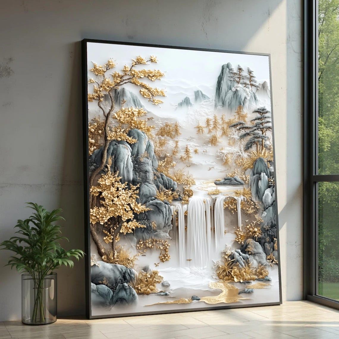 XINBAO Golden Waterfall Canvas Art, Mountain Landscape Decor, Large Canvas Wall Art, for Home Wall Decor sized Piece Painting(70x100cm/Frameless)