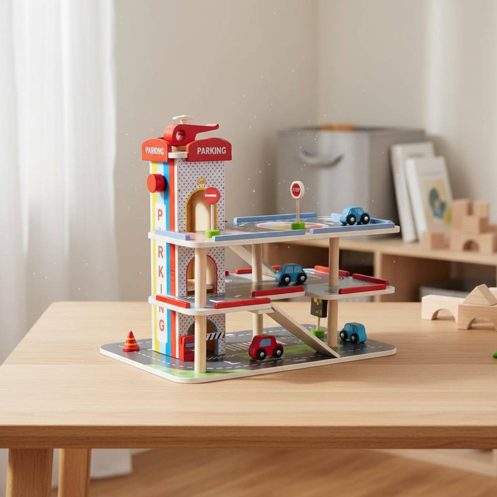 predolo Parking Jouet en Bois avec Ascenseur, Garage en Bois à 3 Niveaux, Parking Jouet Interactif, Multiples Accessoires Inclus, pour Enfants dès 3 Ans, M-Parking Centre