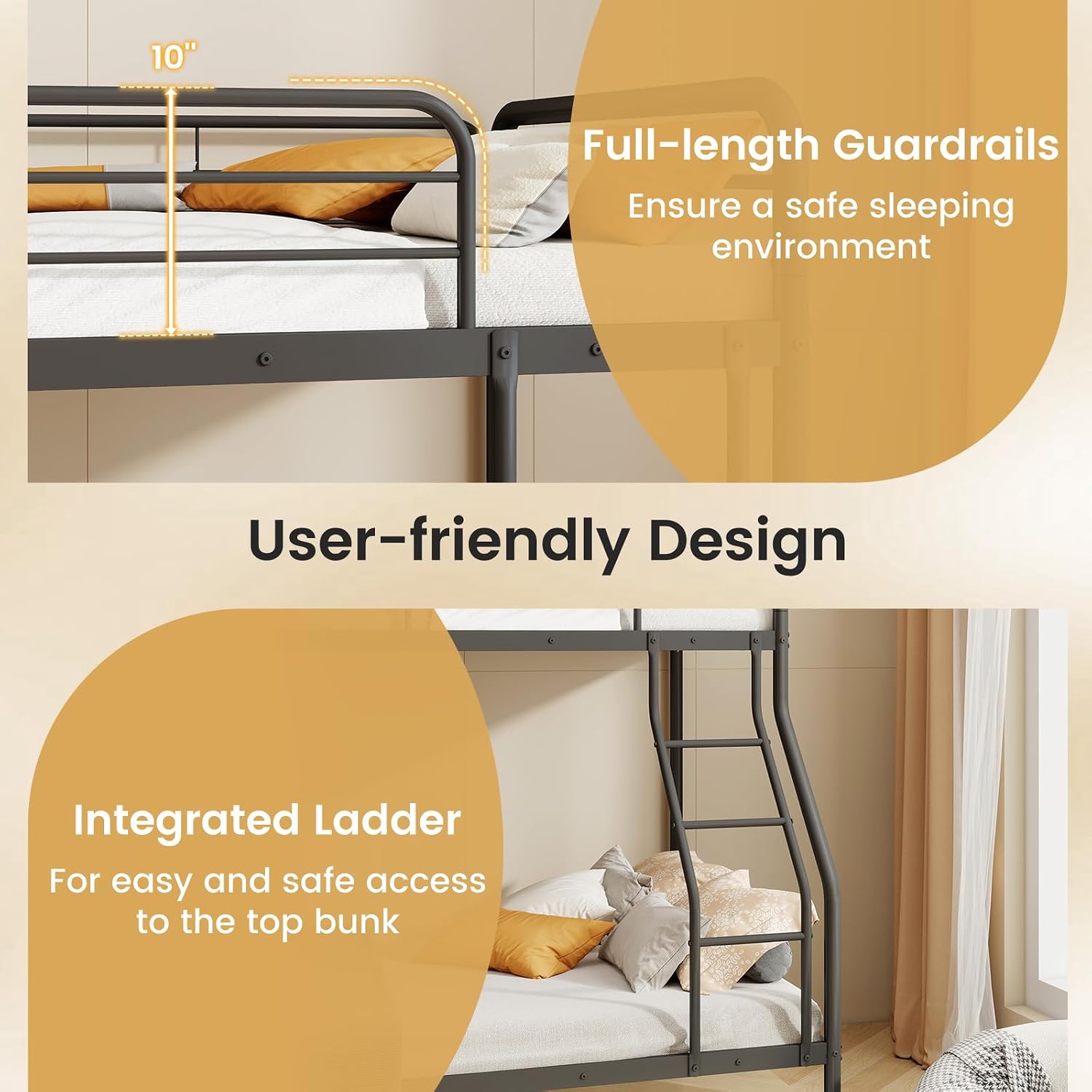 KOTEK Metal Bunk Bed Twin Over Full, Heavy Duty Bunk Bed Frame with Ladder & Guardrails, Space Saving Bunk Beds for Kids Teens Adults, No Box Spring Needed (Black)