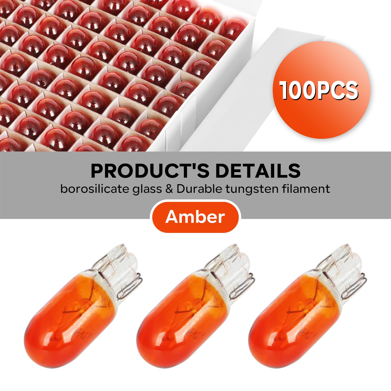 WIKIBB T10 194 Light Bulb Amber, 194 Bulb for Taillight Turn Signal Light Panel Light Brake Light Bulb for Automotive & Motorcycles Cars Trucks And More(12V3W,100 Packs)