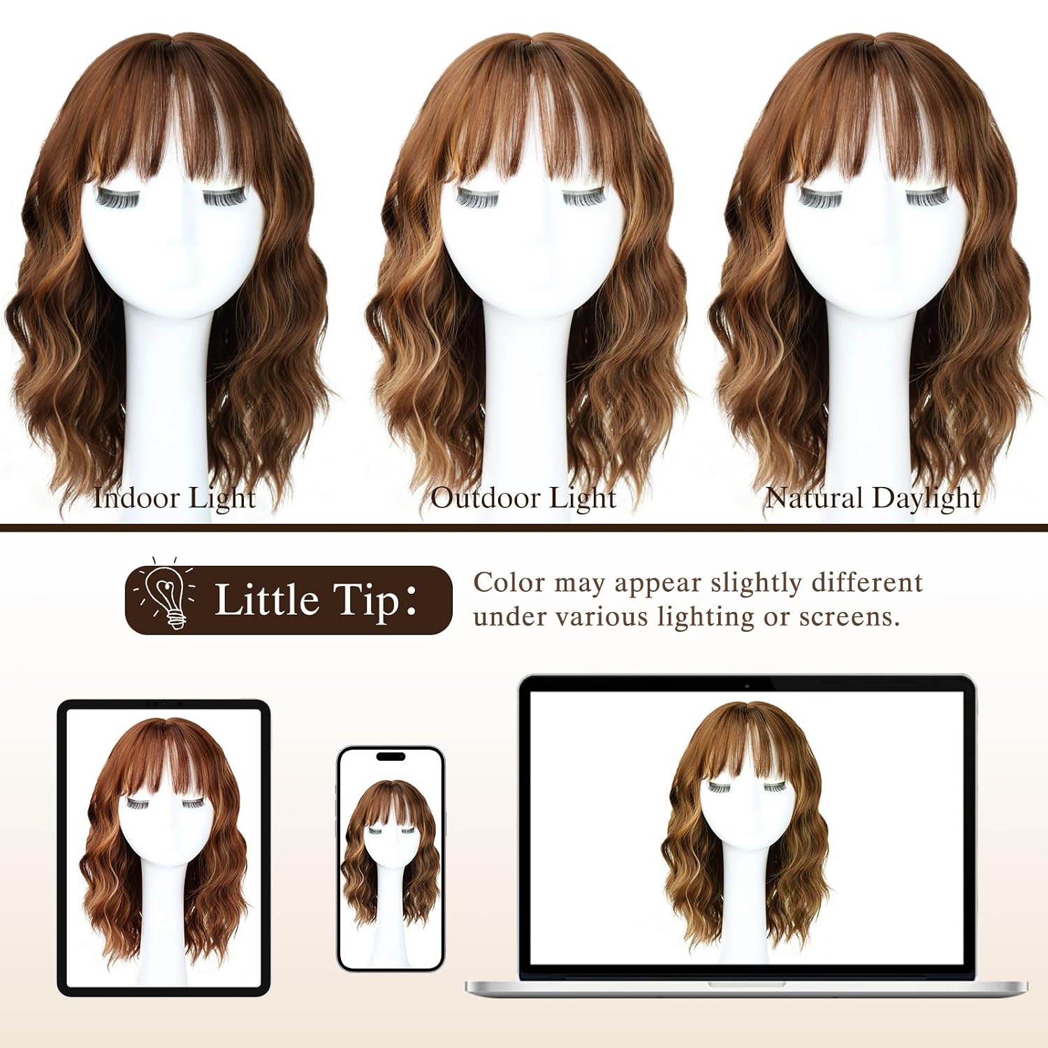 Brown with Honey Blonde Highlights Short Wavy Bob Wig with Bangs (Can Be Trimmed) for Women 14 Inch Shoulder Length Synthetic Wig Heat Resistant Natural Looking Hair for Daily Wear Party or Cosplay