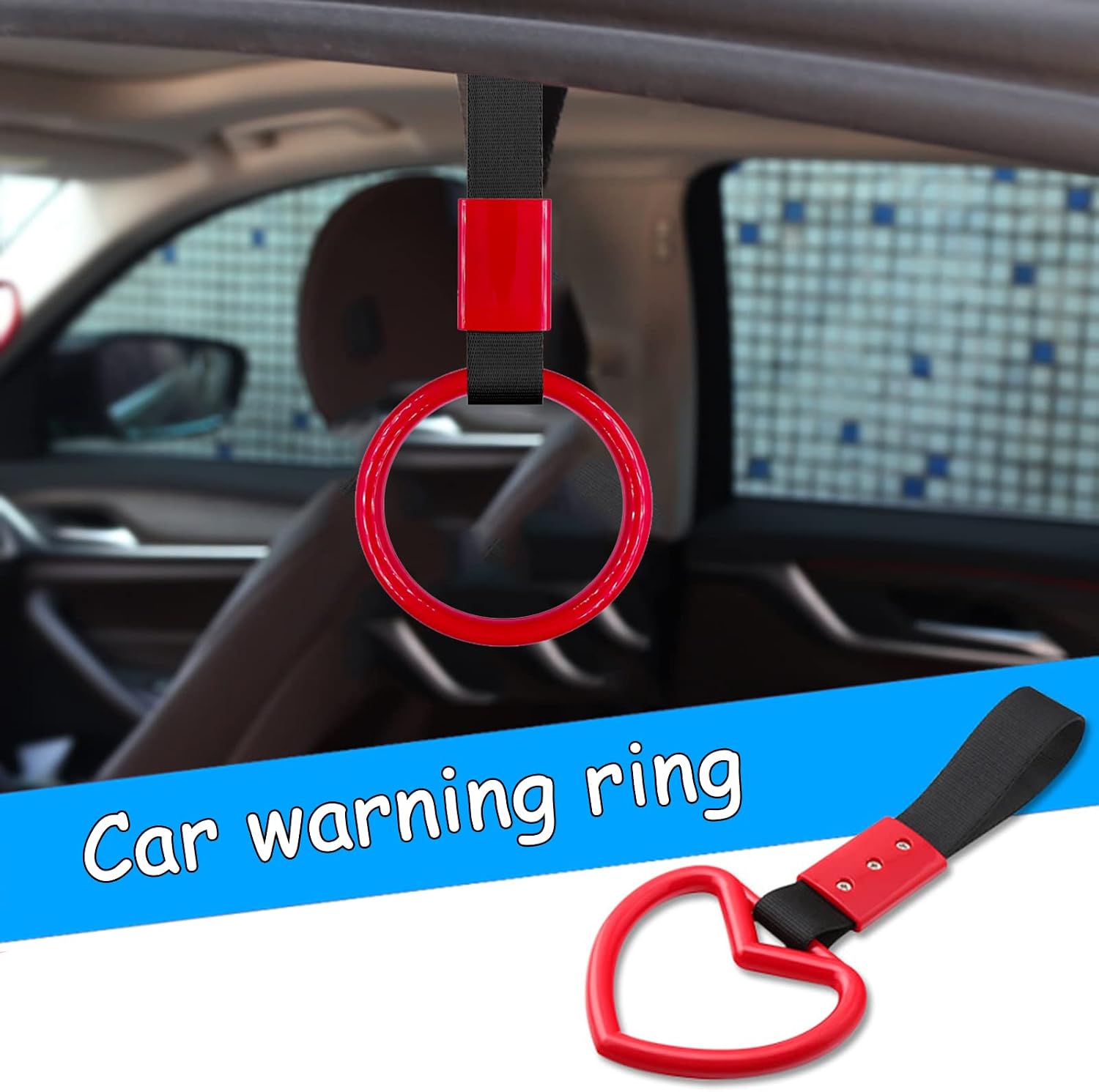 4 Pieces Tsurikawa Round Heart-Shaped Car Hand Straps, BetterJonny ABS Ring Heart-Shaped Car Hand Strap Decorative Warning Loops with Screwdriver for Car Motorcycle Interior Exterior Decoration (Red)