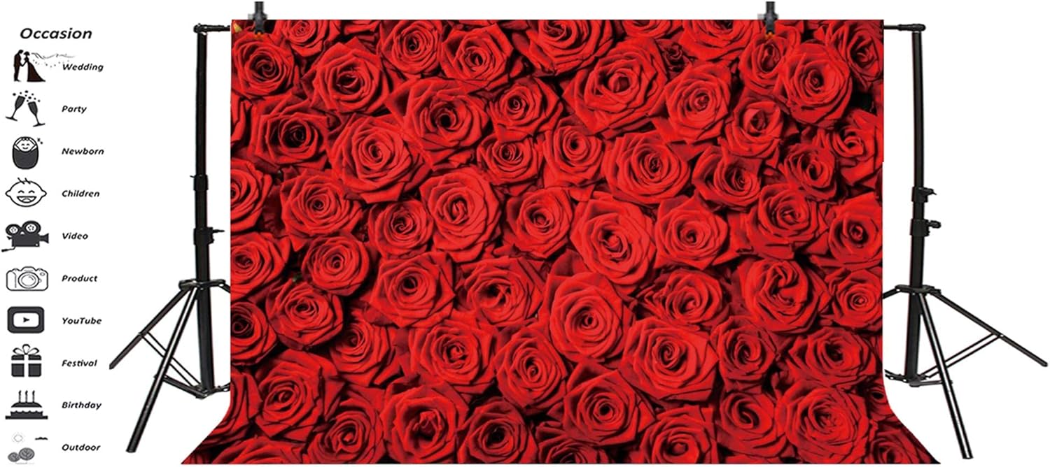 Laeacco 10x8ft Red Rose Backdrop Floral Rose Wall Background Rose Flowers Bridal Shower Party Banner Wedding Photo Studio Sweet Girl Birthday Party Backdrop Valentine's Day Mother's Day Backdrop