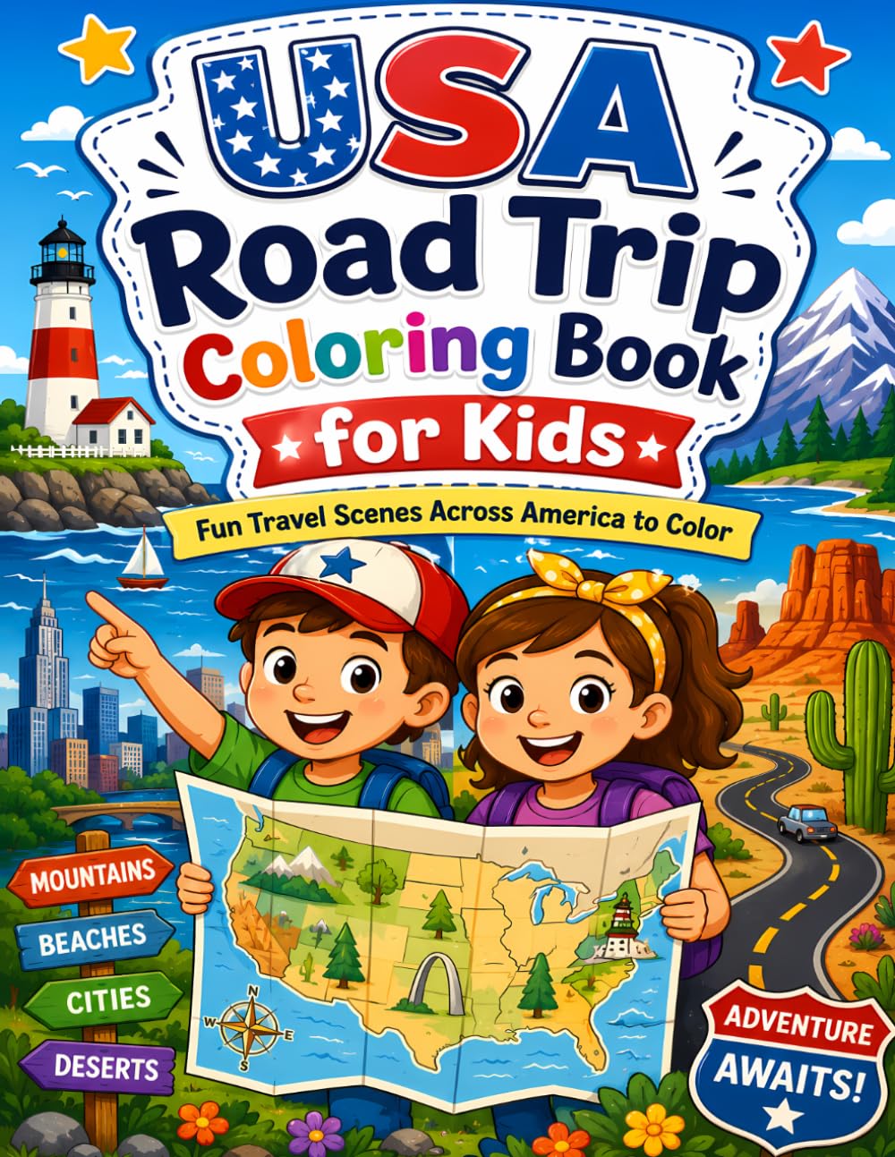USA Road Trip Coloring Book for Kids Fun Travel Scenes Across America to Color: Fun Travel Coloring Pages with American Landmarks, National Park, ... Deserts, Cities and Road Trip Adventures