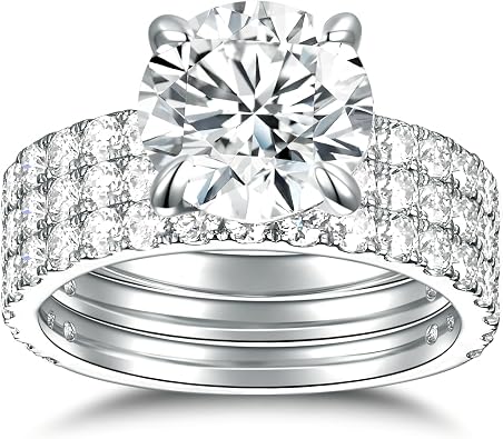 Moissanite Wedding Rings Bridal Set Total 3.8-4.74cttw 3CT Center Round Oval Cut Sterling Silver D Color Wedding Ring Set