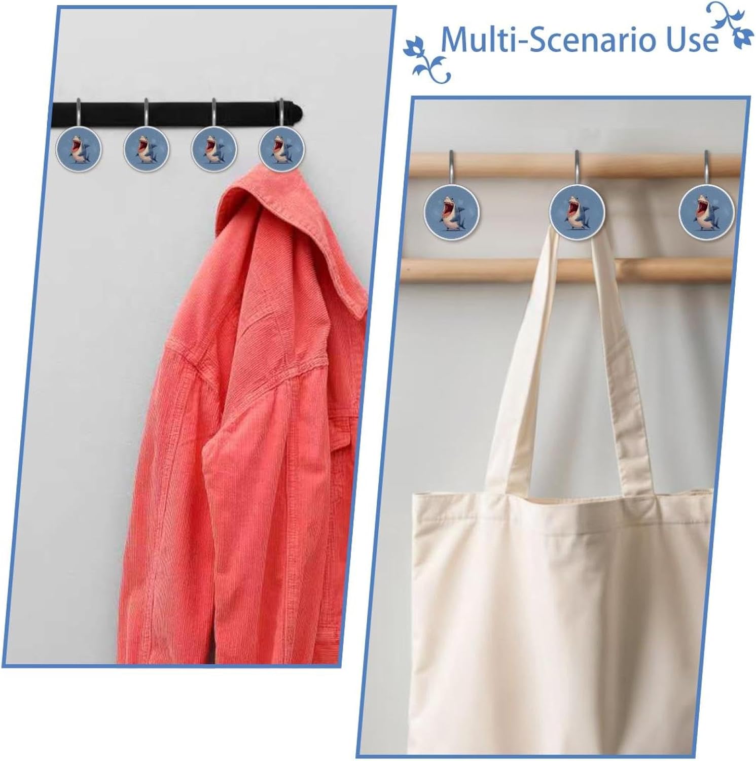 12PCS Funny Shark (3) Shower Curtain Hooks Metal Rust Resistant Decorative Shower Curtain Hooks Bathroom Decorations