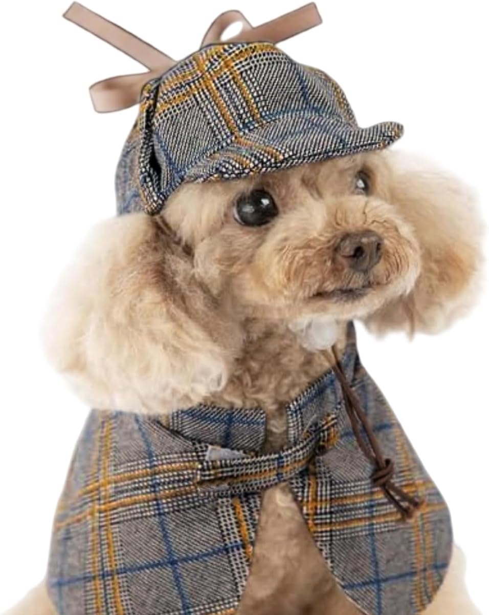 MANON ROSA Halloween Detective Dog Costume with Cape & Hat, Medium 9-12lb | Plaid 2-Piece Pet Costume For Small Dogs And Cats, Halloween Cosplay Party Outfit; Measure Neck Girth Before Ordering