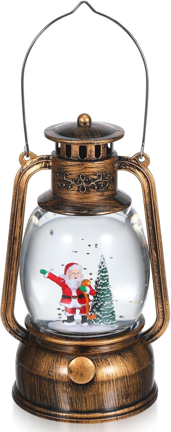 Christmas Snow Globe Lantern with Santa and Glitter, Lighted Music Box with Rotating Horse, USB Or Battery Operated Holiday Decoration for Home and Christmas Party