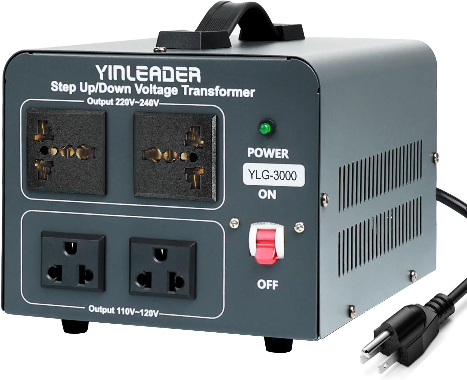 Yinleader Voltage Converter Transformer 3000w Step Up/Down Power Converter 110-120V to 220-240V/220-240V to 110-120V, with 2 US & 2 Universal Outlets, Circuit Breaker Protection (Grey)