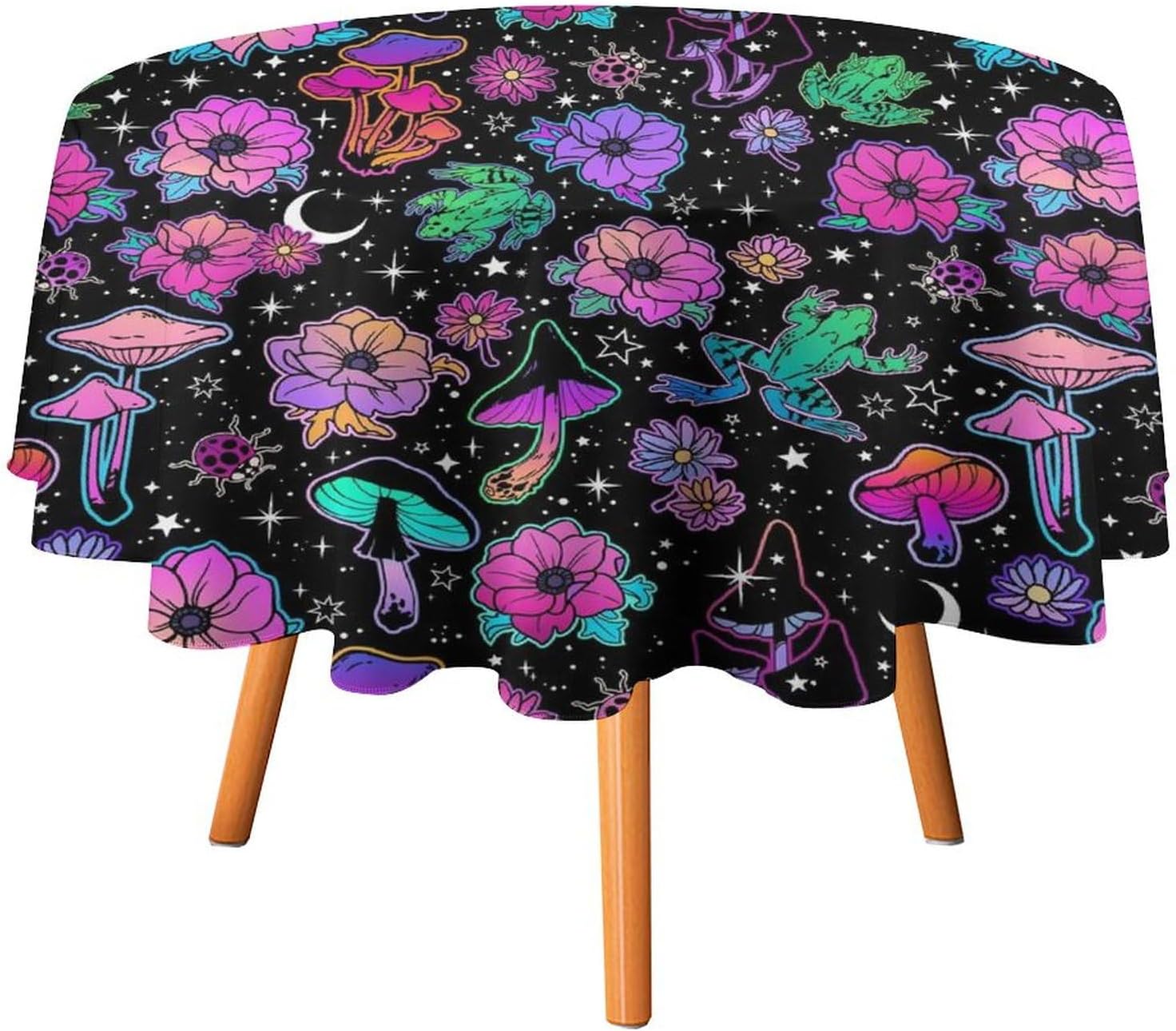 Sun Moon Floral Tablecloth, Galaxy Colorful Mushroom Spring Flower Plants Table Cover for Dining Room Kitchen Holiday Home Picnic Party Camping, 70x70 Inch Round