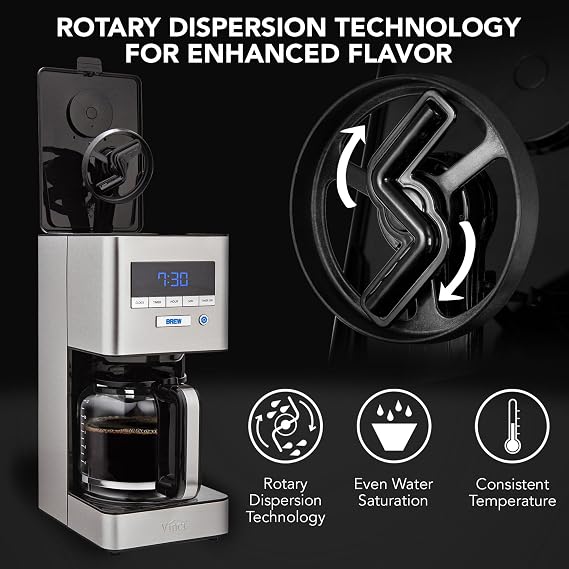 VINCI RDT Elite Spinning Sprayhead Coffee Maker | 12-Cup Programmable Coffee Brewer with Bloom Feature and Rotary Dispersion Technology | Black and Stainless Steel | Auto Shut-Off