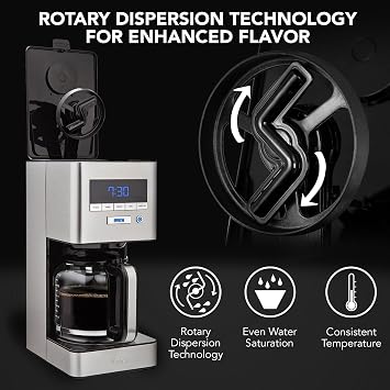 VINCI RDT Elite Spinning Sprayhead Coffee Maker | 12-Cup Programmable Coffee Brewer with Bloom Feature and Rotary Dispersion Technology | Black and Stainless Steel | Auto Shut-Off
