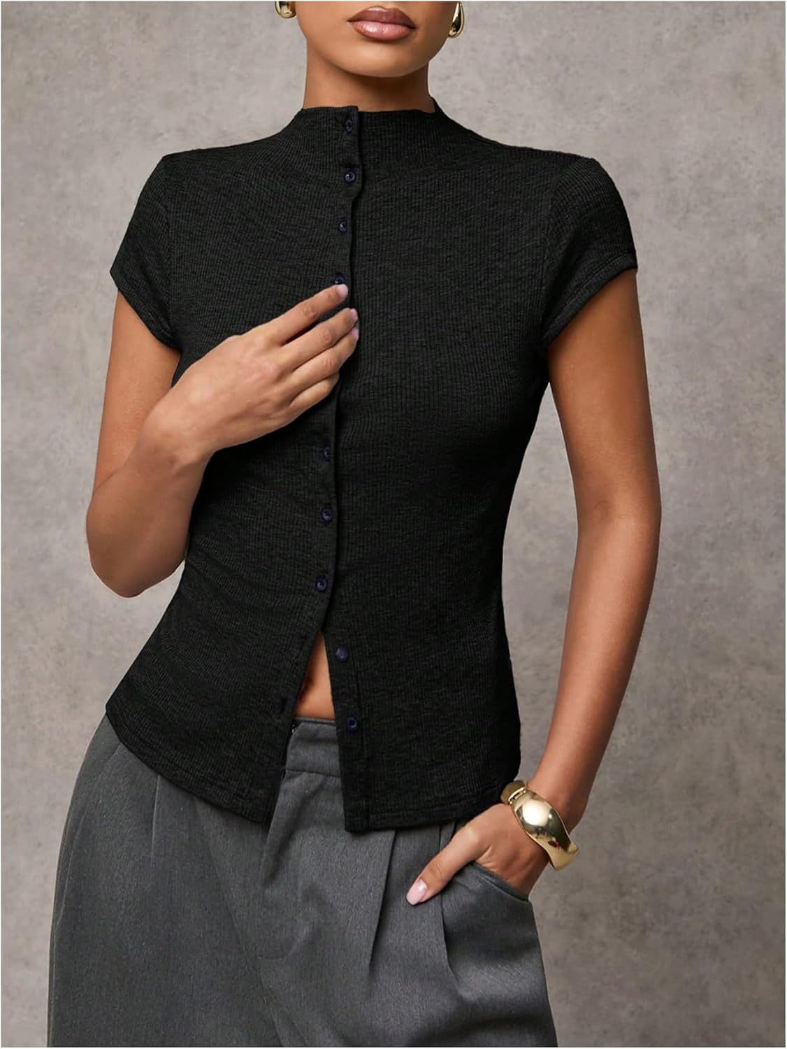 GORGLITTER Women's Button Up Ribbed Knit T Shirt Tight Fitted Short Sleeve Mock Neck Basic Tees Going Out Trendy 2025 - Image 2