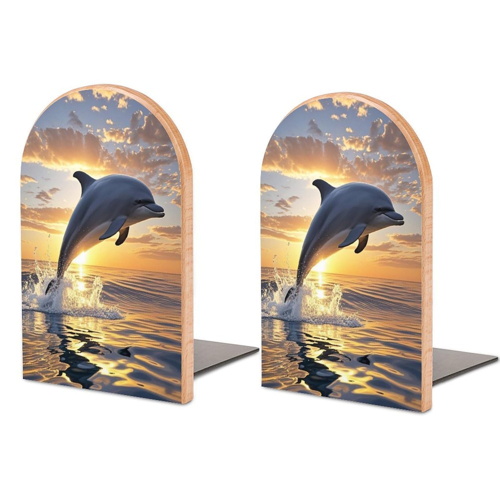 Dolphins Jumping Out of The Water at Sunset Bookend for Shelves Unique Book End Sturdy Books Holder Heavy Duty Wooden Bookends Support Non-Slip Book Organizers Decorative Modern Bookend Holder for Hom