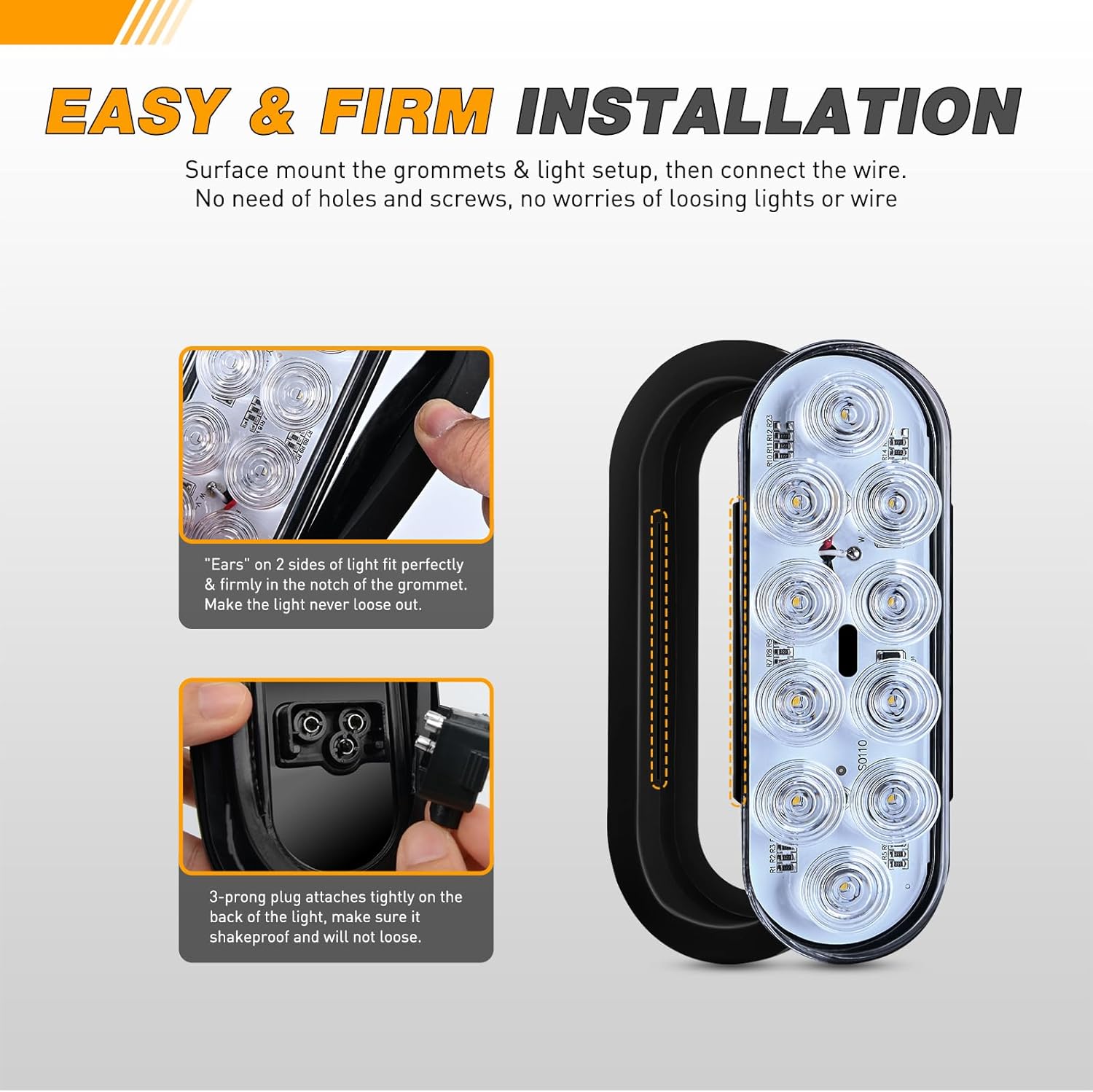 GOOACC 6Inch Oval Trailer Tail Light 4PCS 10LED White Reverse Back Up Lights w/Surface Mount Grommets Plugs IP67 Waterproof for Truck RV Tractor
