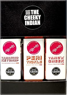 THE CHEEKY INDIAN - Assorted Sauces Gift Pack, Tang 'n' Cheek 225g, Tamarind Ketchup 270g & Peri Tickle 225g, Flavourful Indian Style Sauces, Made in UK, Ideal For Dips, Curries, Chutneys, Marinades