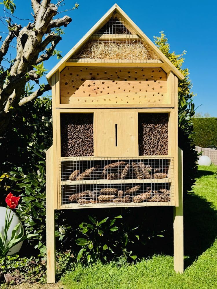 Casetta per insetti da giardino in legno, XXL per api selvatiche, in legno, con supporto, 110 x 79 x 16 cm (altezza x larghezza x profondità), per insetti, resistente alle intemperie, 6 piani