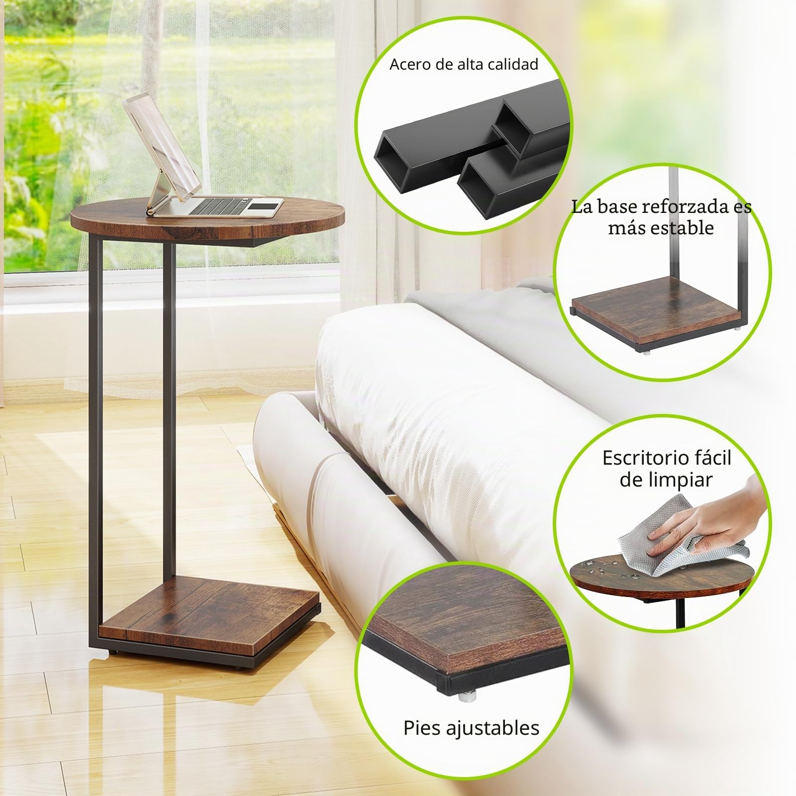 HDANI Mesa Auxiliar en Forma de C, Mesa de Sofá, Mesa de Cama, Mesilla de Noche Redonda, Mesa de Centro para Salón y Sala de Estar, Marrón Rústico y Negro, 40×40×60cm, Juego de 2