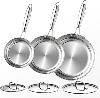 Stainless Steel Frying Pan Sets 6 Piece 8, 10 & 12 Inch with Lids, Oven & Dishwasher Safe Fast and Even Heating Stay Cool Handles Non-toxic PFOA Free Stir Fry Pan Skillets Sets