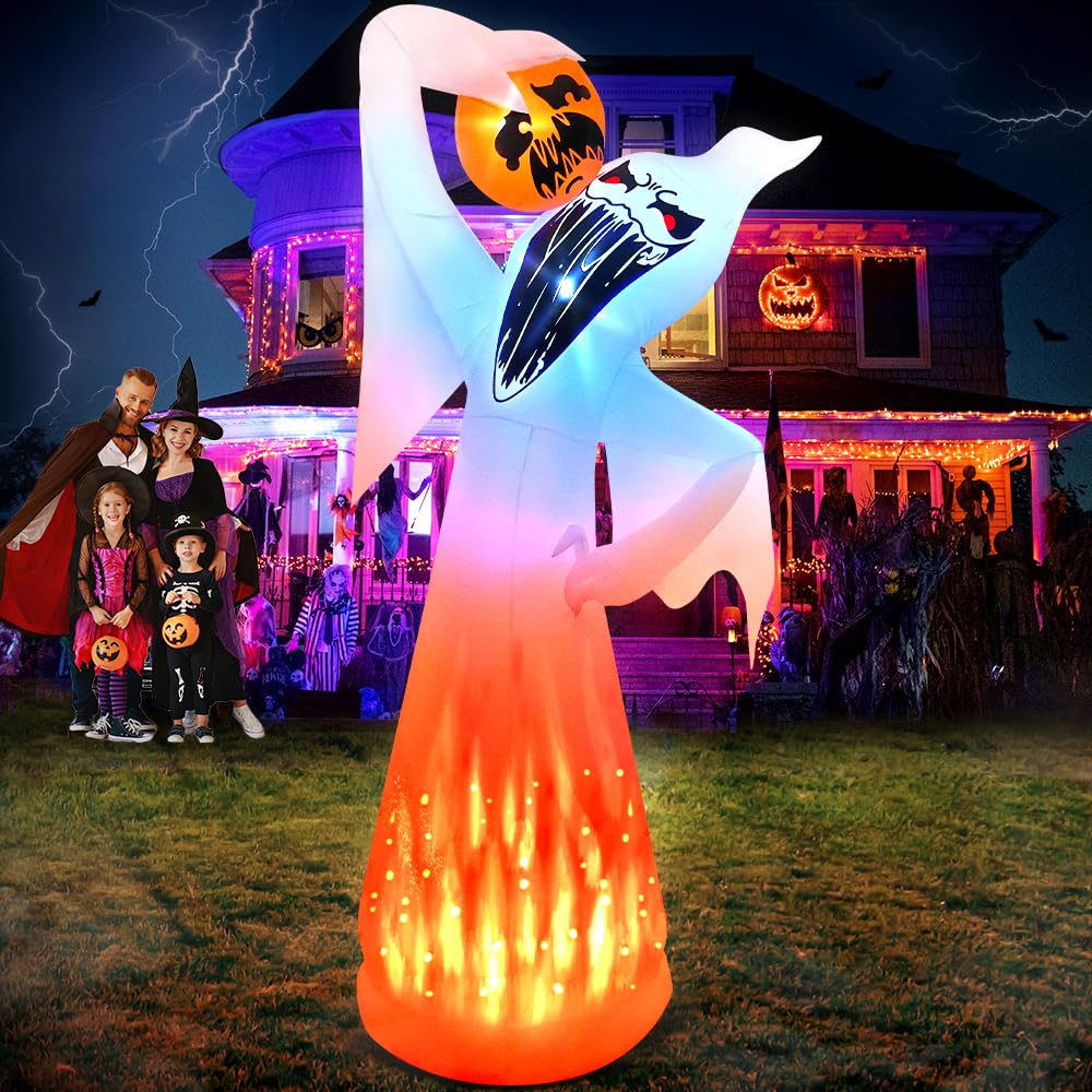 10 FT Halloween Inflatables White Ghost with Red Eyes Eat Pumpkin Decoration with Led Light Halloween Inflatables Outdoor Decorations Blow up Inflatables for Halloween Holiday Party Yard Garden Décor