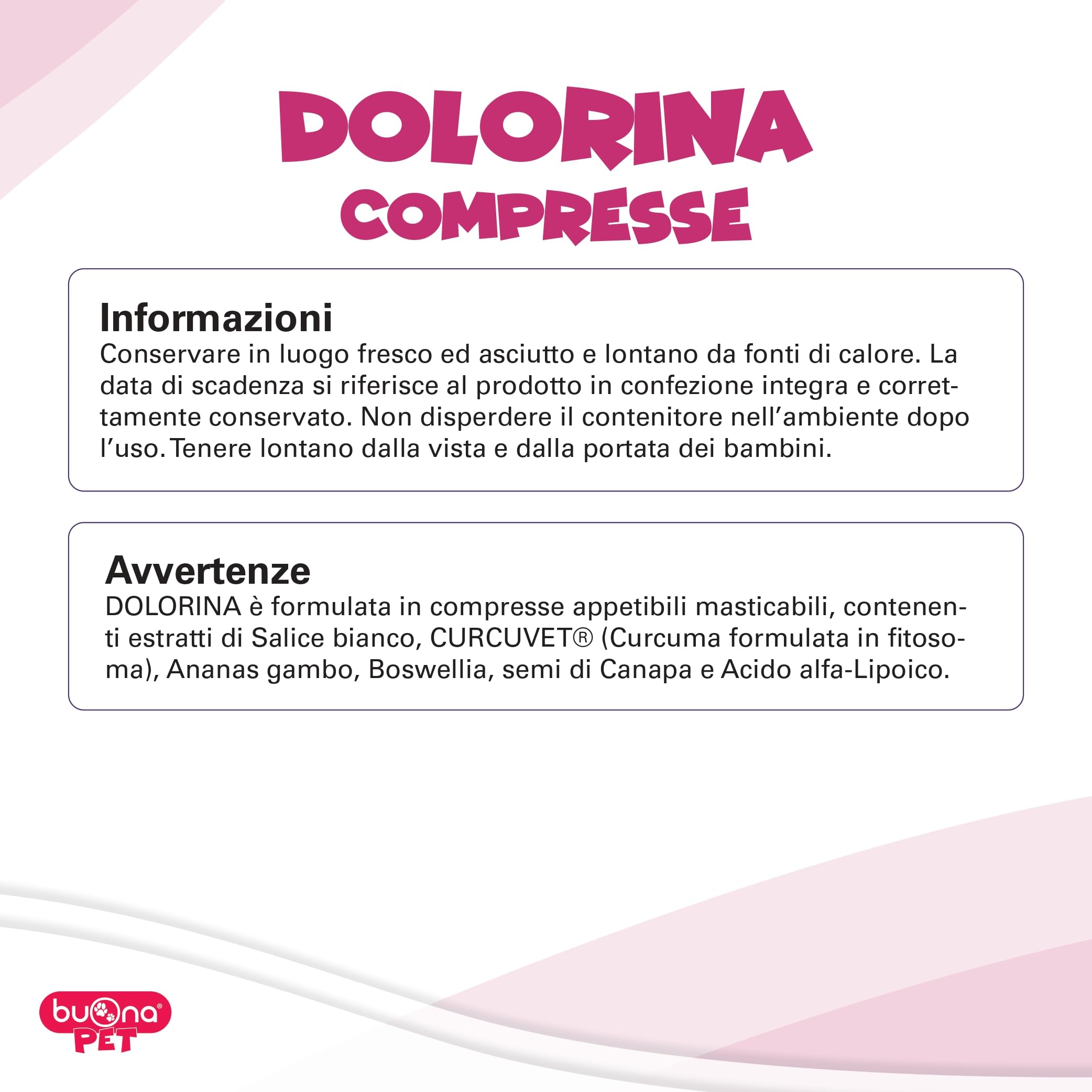 Dolorina Buona Pet Ergänzungsfuttermittel für Hunde und Katzen mit Boswellia, Weißer Weide, Alpha-Liponsäure, Hanfsamen und Ananas, Unterstützung der Noczeptivfunktion, 20 Appetible Tabletten