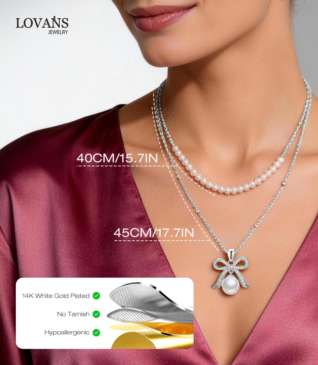 Layered Necklaces for Women 14K Gold Plated Bow Pearl Double Chain Layering Necklaces,18"+2"