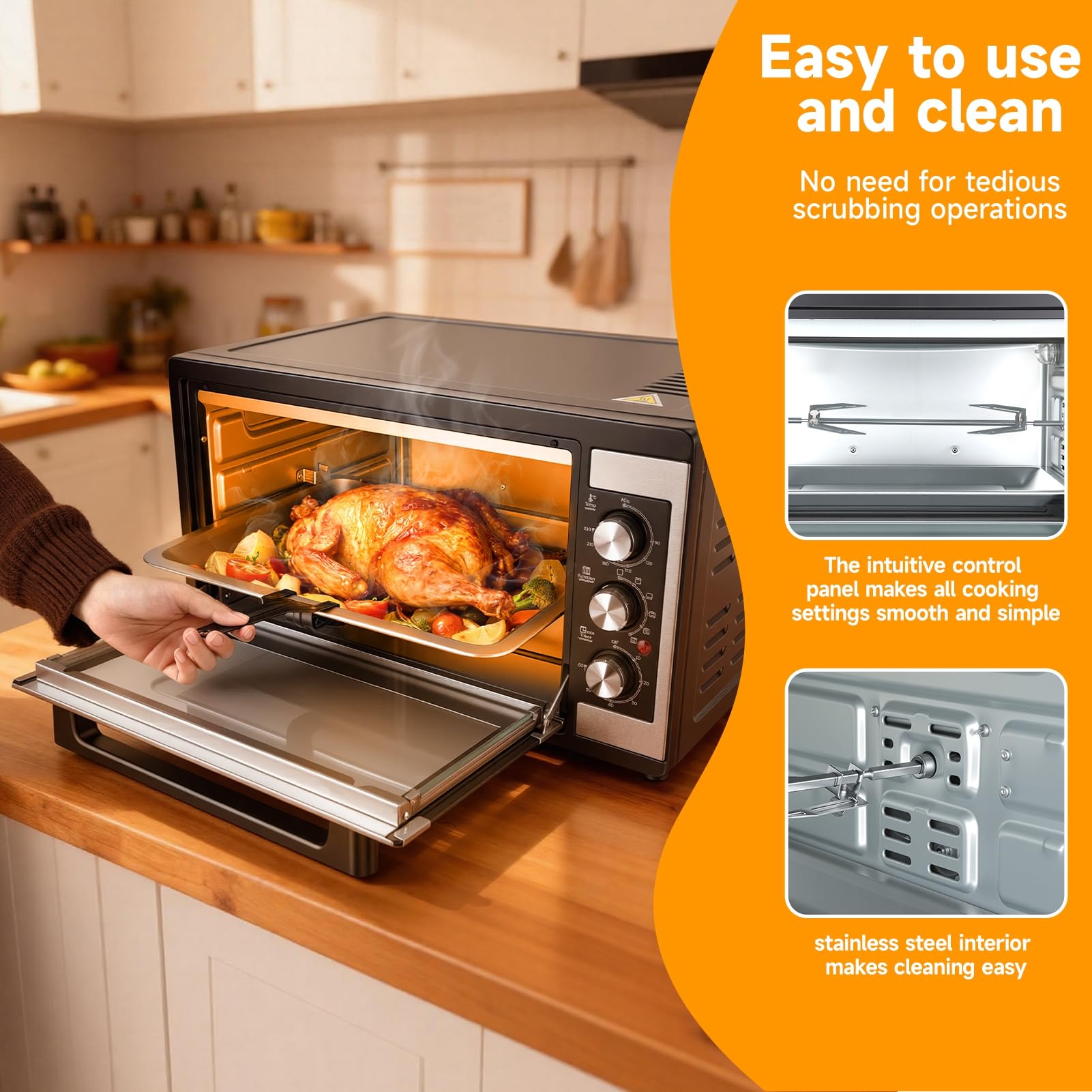 Grand four à convection de 46 litres, four de comptoir 9-en-1 avec fonctions Crispy Roast, déshydratation et rôtissoire, 6 accessoires inclus, 1 500 W, acier inoxydable UE
