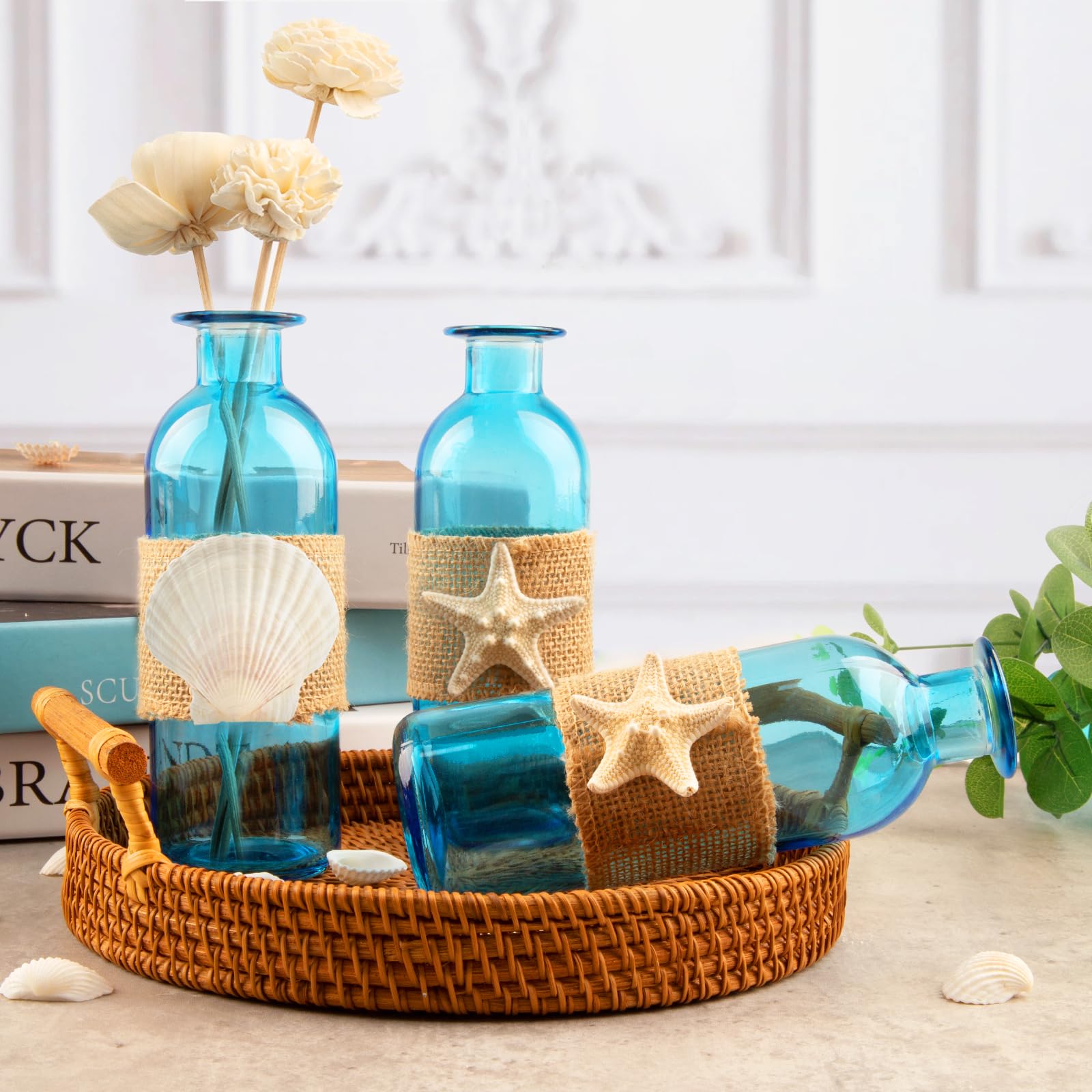 Bud Vases Set of 3 Blue Small Glass Vases, Starfish Shell Crafts Vase, Flowers Vases for Centerpieces, Home Decor Centerpiece for Table, Beach Wedding Coastal Decor
