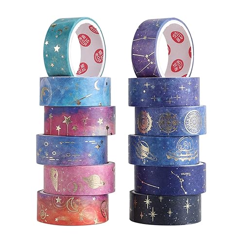 Miniatura 4 de Esweny Juego de 12 rollos de cinta Galaxy Washi cinta decorativa de papel de aluminio dorado para álbumes de recortes diario de viñetas planificador
