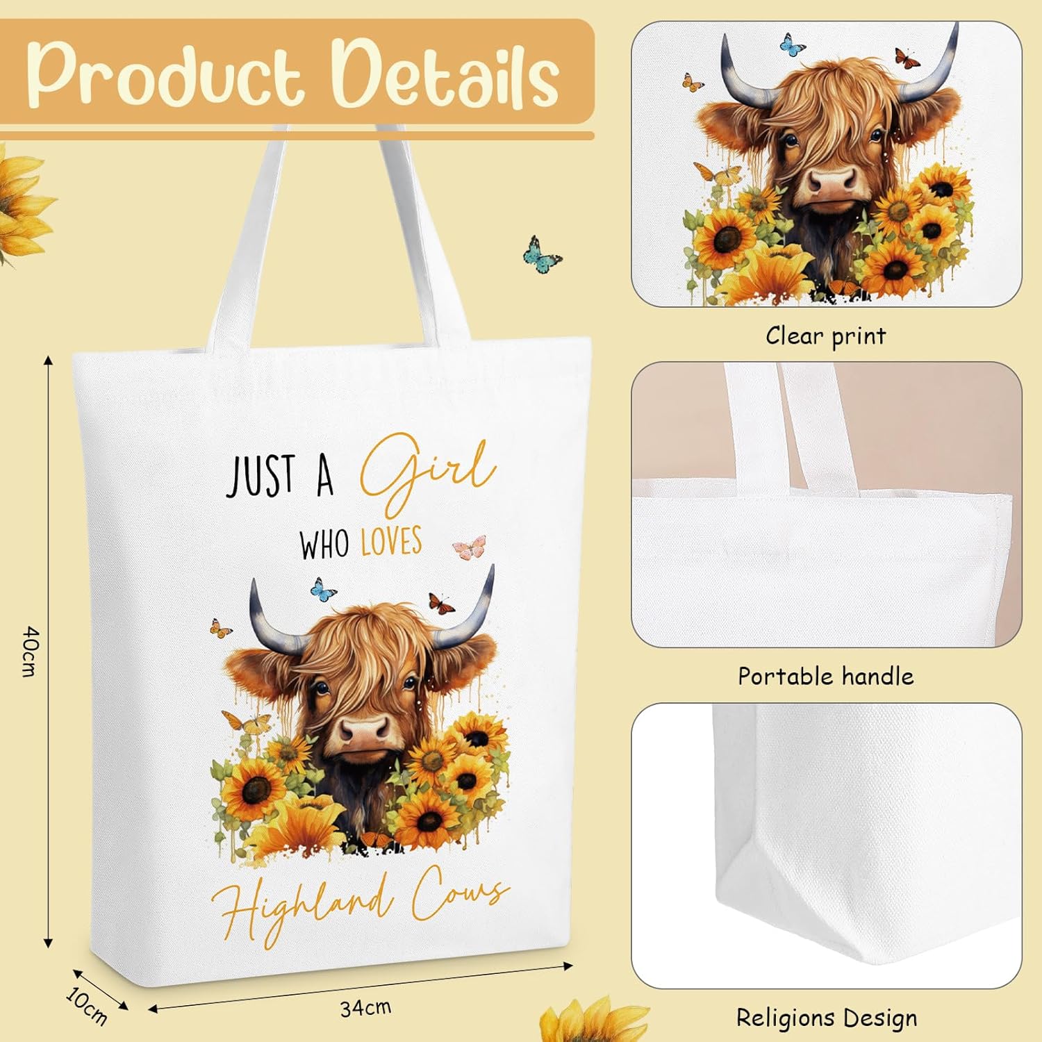 Sinmoe 5 Pcs Highland Cow Gift Set Women Christmas Highland Cow Lovers Stuff Canvas Tote Bag Makeup Bag Keychain Notebook Pen(Bean Paste,Stylish) - Image 3