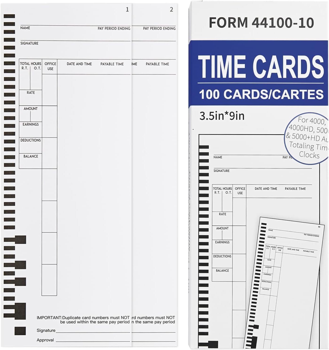 44100-10 Employee Time Cards, 300 Count – Compatible with Pyramid 4000/4000Pro/4000ProK & 5000 Series Time Clocks – Weekly Single-Sided, 3.5"×9", 2 Boxes of 100 (#1–#100 Sets)