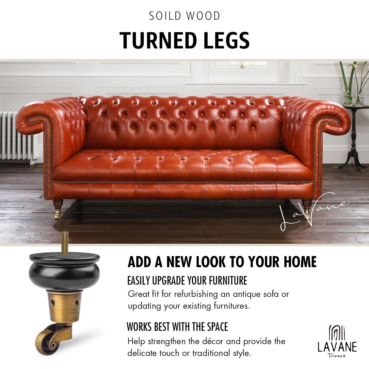 La Vane 4 inch Wooden Furniture Legs with Castor - Image 2