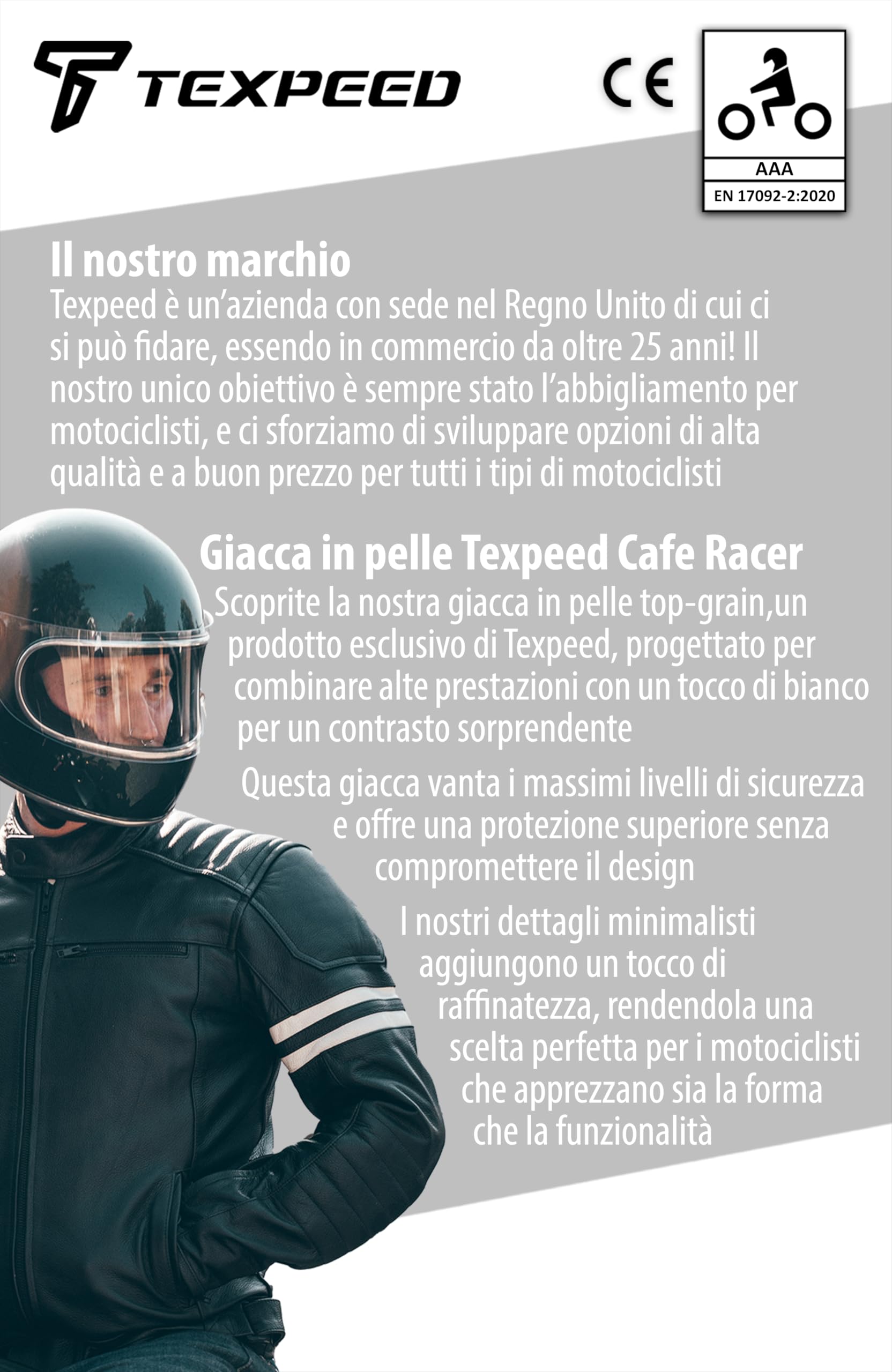 Texpeed Giacca da motociclista in pelle da uomo Giacca da motociclista da turismo con armatura CE da motociclista originale (EN 1621-1) - Design Café Racer - Nero con striscia bianca - 5XL