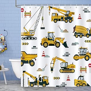 Bonhause Kids Construction Shower Curtain, Yellow Machinery Vehicle Exca...