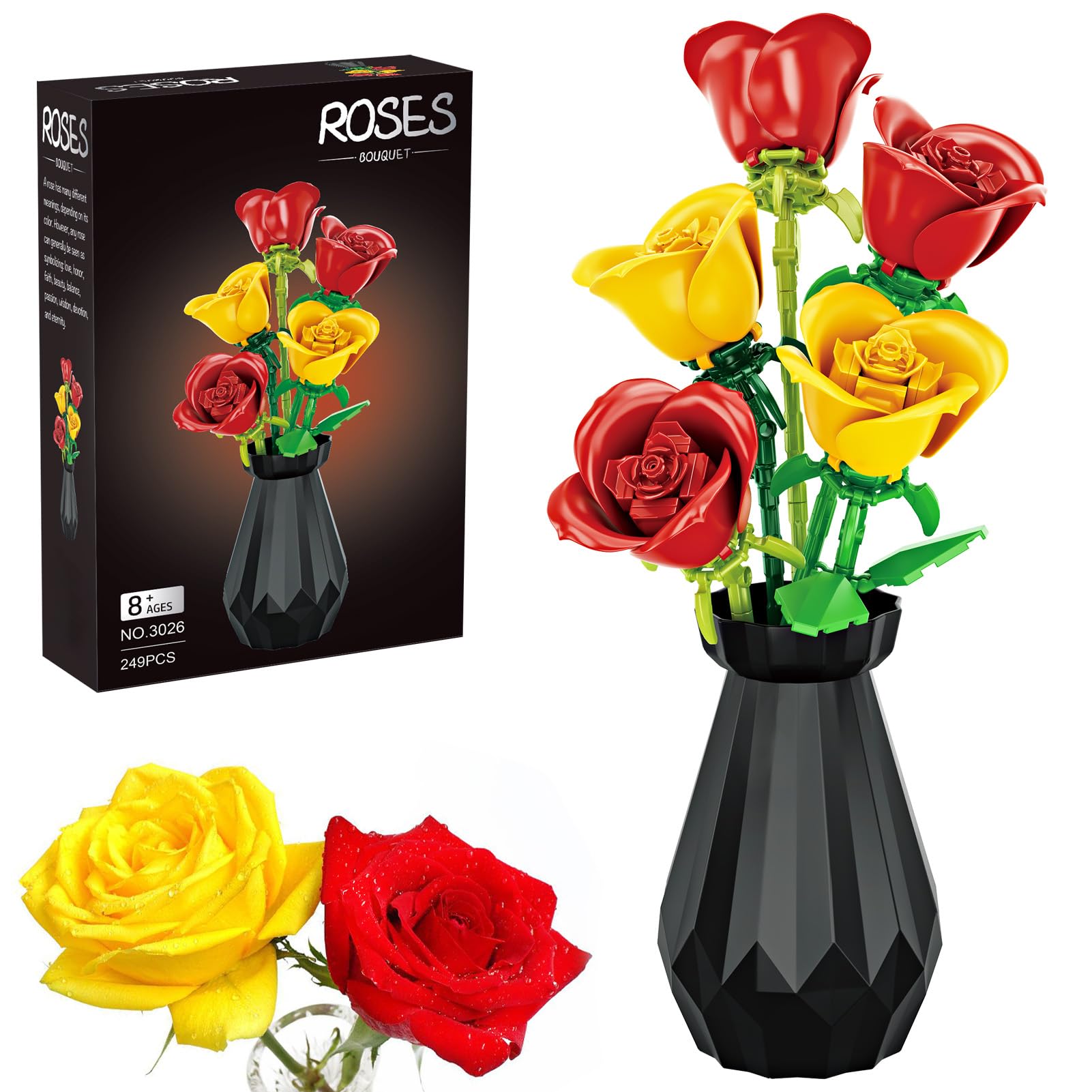 Blumenstrauß Bauset, 249pcs Rosen Blumen Bausteine Set mit Vase, DIY Botanik Kollektion Haushalt Deko, Geschenk zu Valentinstag, Muttertag oder Geburtstag Für Kinder Mädchen und Jungen 8+