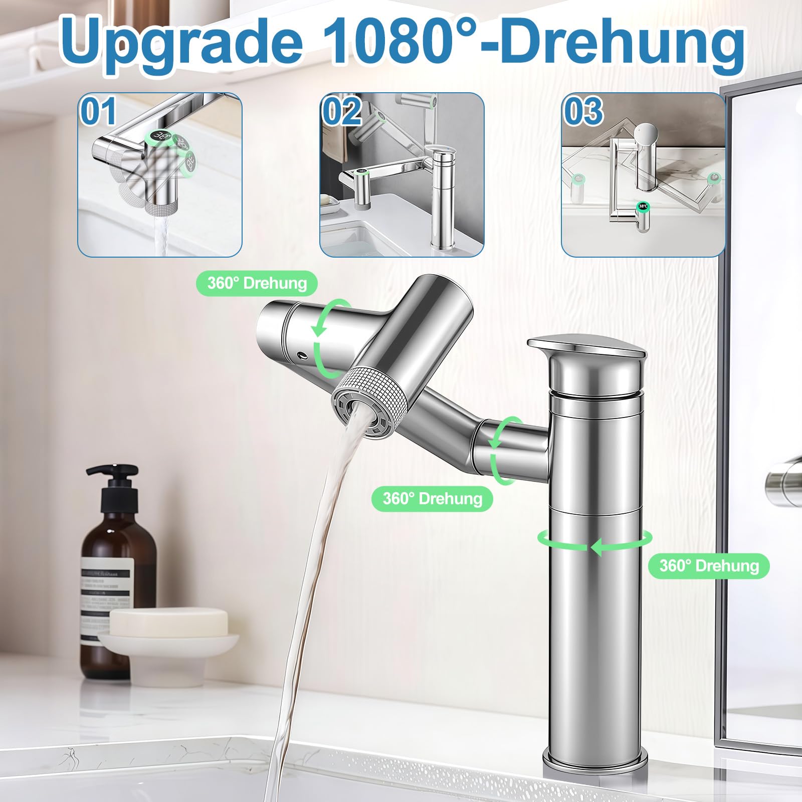 Wasserhahn Bad mit Temperaturanzeige(Batterielos), 1080° Drehbar Einhebelmischer Waschbecken, Höhenverstellbare Badezimmer Wasserhahn, Waschtischarmatur Hoch