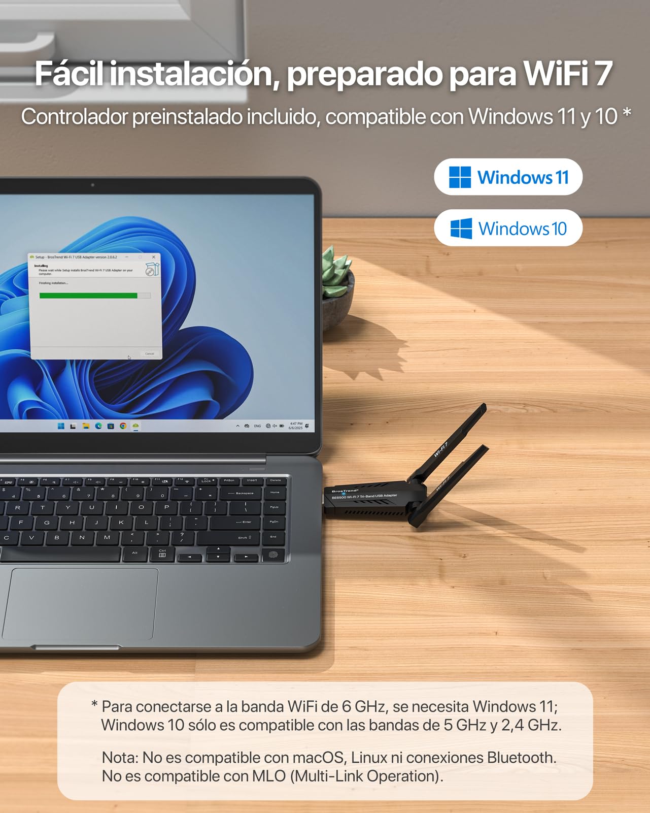 BrosTrend Wi-Fi 7 Adaptador WiFi USB para PC, BE6500Mbps Tri-Banda 6GHz + 5GHz + 2.4GHz Antena WiFi PC Largo Alcance, Receptor Wi-Fi USB 3.0, Compatible con Windows 11/10, 4K-QAM, 160MHz, OFDMA, WPA3