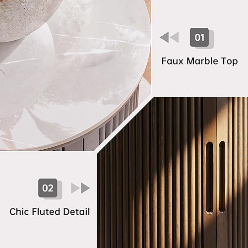 Miniatura 6 de Mesa auxiliar redonda acanalada, mesa auxiliar superior de mármol sintético blanco con almacenamiento, mesita de noche moderna de mediados de siglo