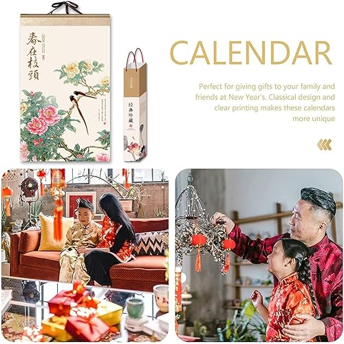 Miniatura 5 de Calendario de pared para el año del dragón, estilo pergamino, papel de arroz, pinturas de flores y pájaros, calendario mensual tradicional chino