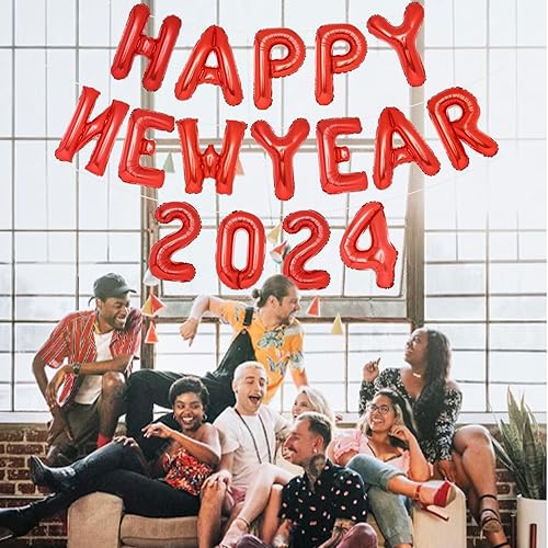Miniatura 2 de PIGETALE Globos rojos de feliz año nuevo, números de globos rojos de 16 pulgadas, globos de letras de Año Nuevo, decoraciones de Año Nuevo 2024,