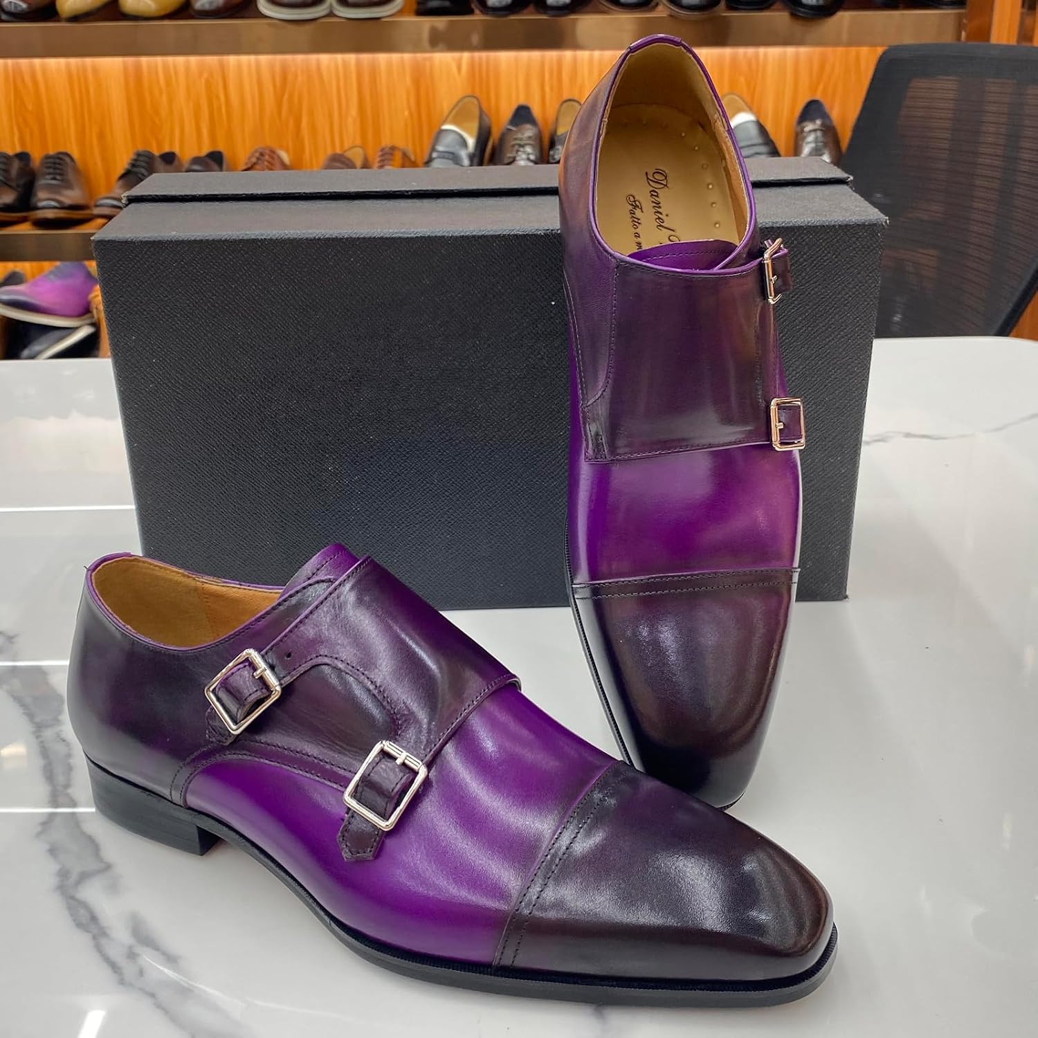 Santimon Men’s Two-Tone Purple Double Monk Strap Loafers, Premium Cowhide Leather Handmade Cap Toe Dress Formal Shoes with Leather Lining and Rubber Sole for Business Wedding Office