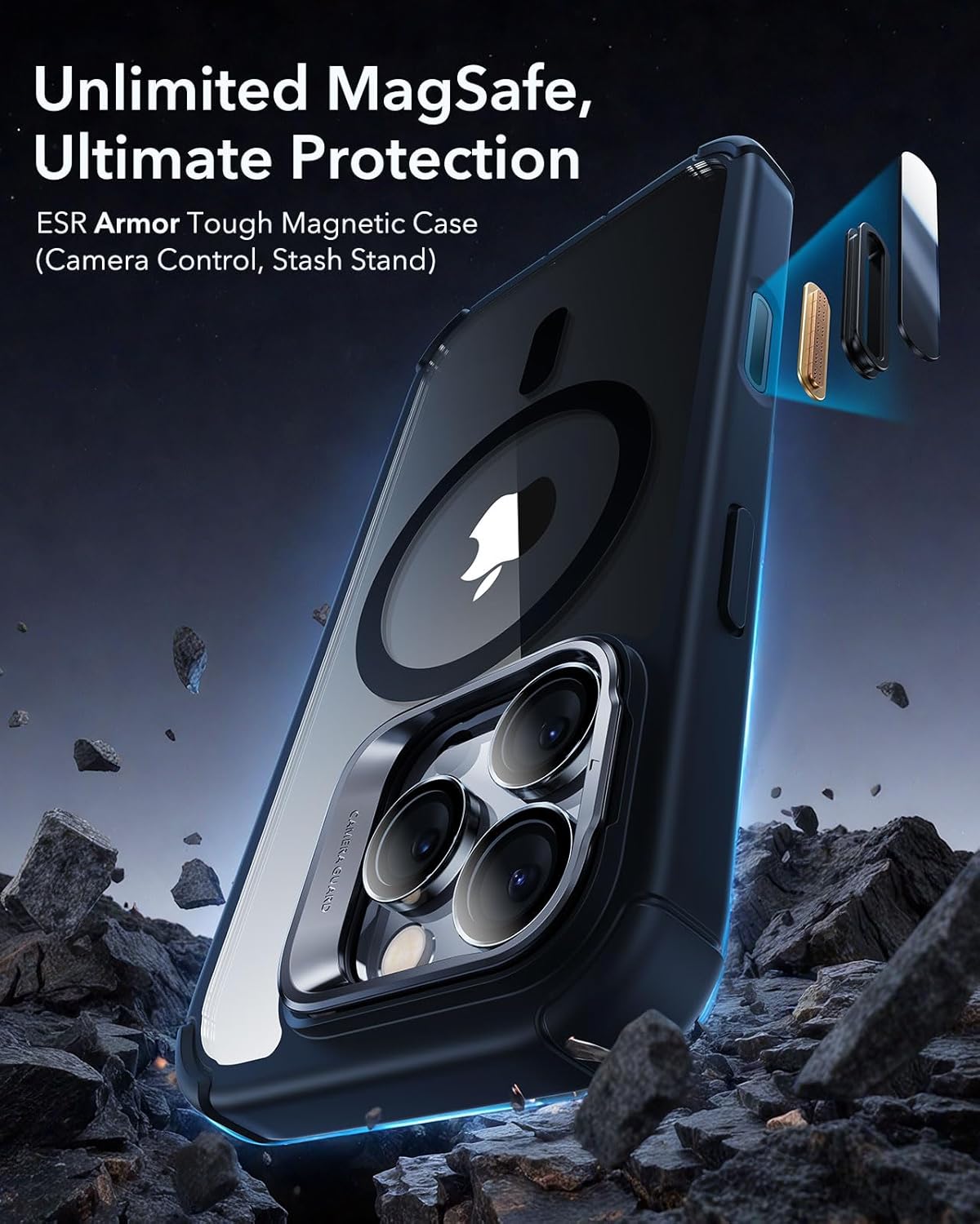 ESR for iPhone 16 Pro Case with Stand, Camera Control Button Compatible with MagSafe, Full-Body Military-Grade Drop Proof Case with Built-in 9H+ Tempered Glass Screen Protector, Clear Black - Image 2