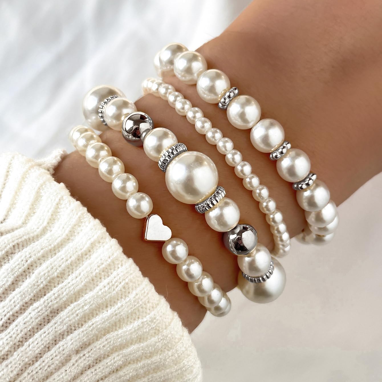 INENIMARTJ Pearl Bracelets for Women Multilayered Elastic Pearls Bracelets White Pearls Stackable Stretch Bracelet Set Simulated Pearl Beaded Bracelet for Women Bridesmaid Bridal Jewelry - Image 3