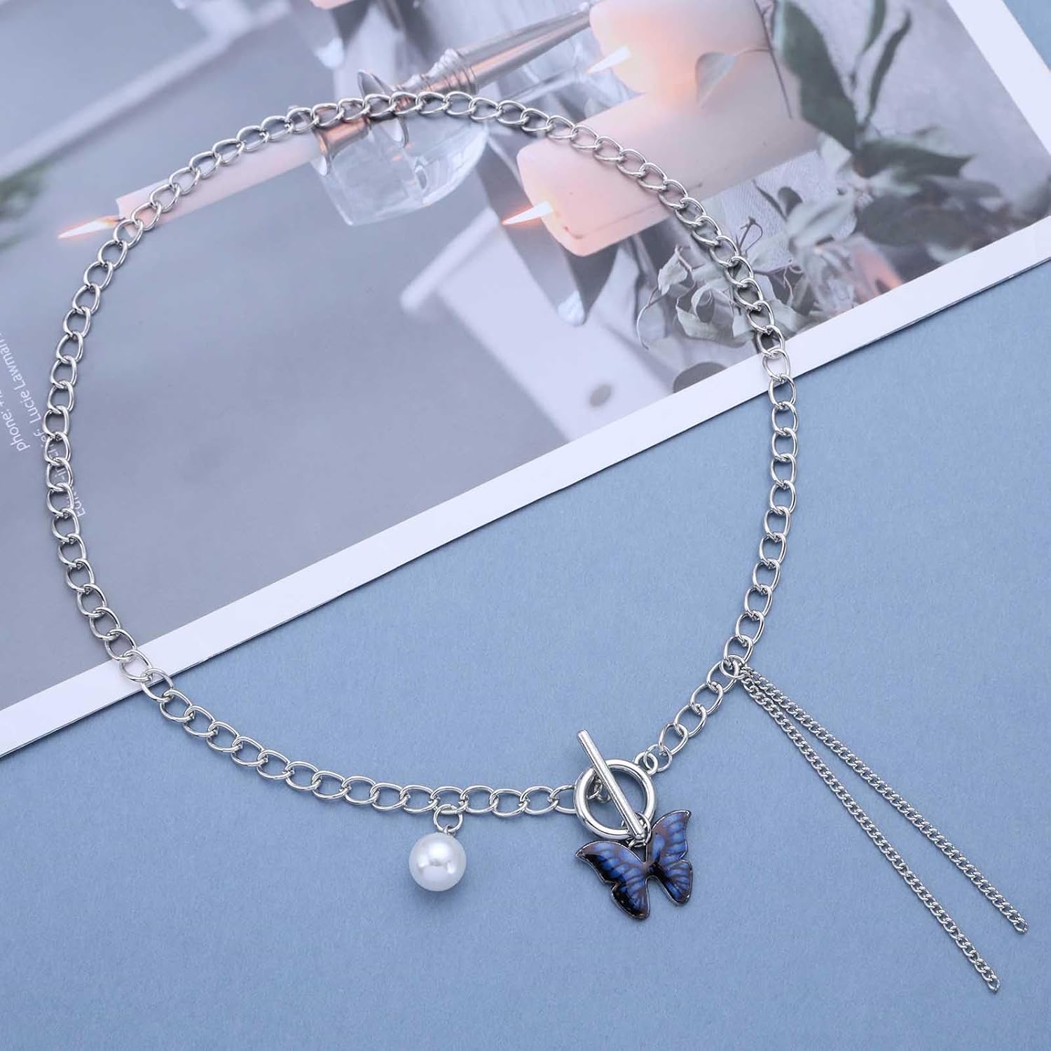Bohemian Pearl Butterfly Choker Necklace Blue Enamel Butterfly Pendant Necklace Round Pearl Tassel Chain Necklace Pearl Butterfly Toggle Clasp Necklace Jewelry for Women - Image 3